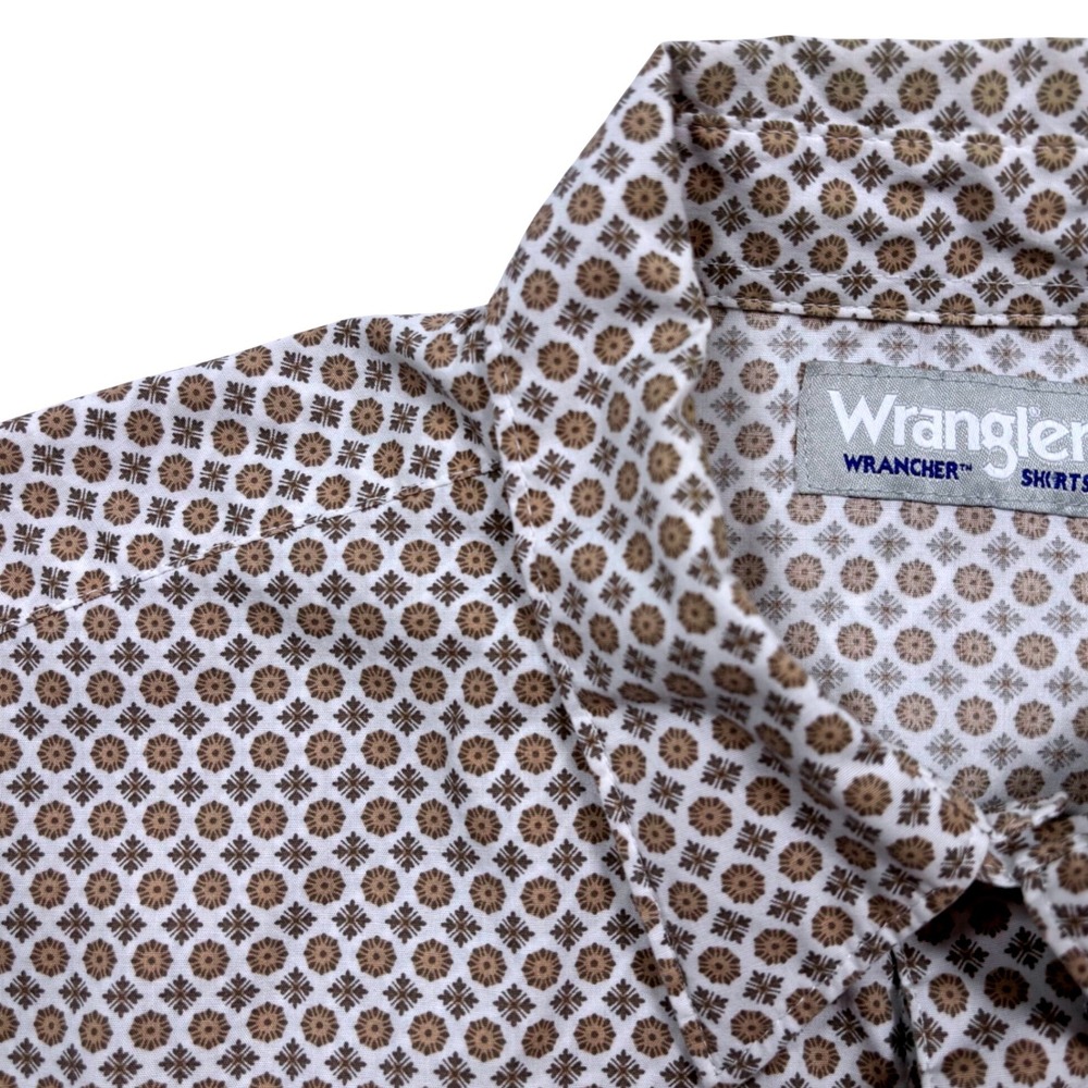 Wrangler Western Shirt Mens XL Tan White Geometric Pearl Snap Short Sleeve Rodeo